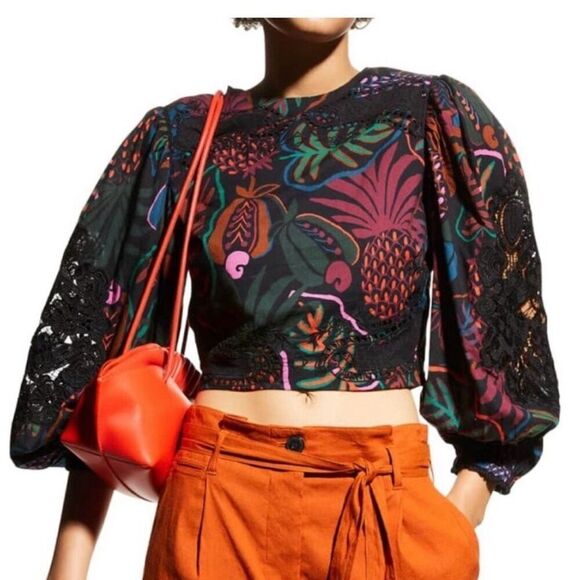 Farm Rio Frutis Dream Puff-Sleeve Blouse size XS Black - Picture 2 of 11